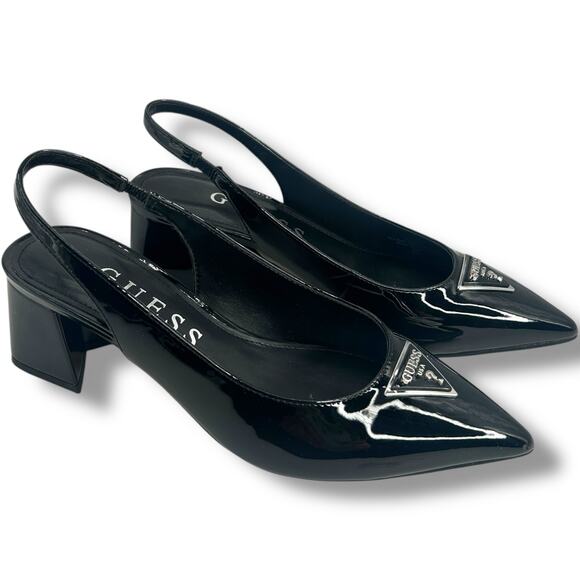 GUESS Zanda Slingback Block Heel Pumps Black Patent Size 7.5 Pointy Toe Heels - Picture 1 of 12